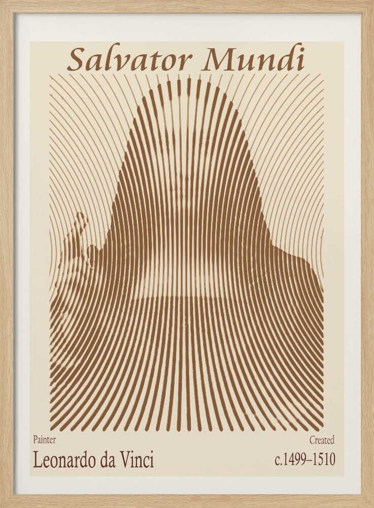A minimalist poster of Leonardo da Vinci's 'Salvator Mundi', featuring an abstract representation of the figure created with curved brown lines on a cream background. The title is at the top, and the artist's name and creation dates are at the bottom. Decor