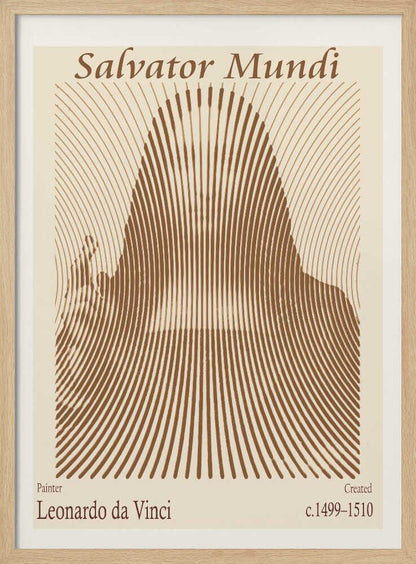 A minimalist poster of Leonardo da Vinci's 'Salvator Mundi', featuring an abstract representation of the figure created with curved brown lines on a cream background. The title is at the top, and the artist's name and creation dates are at the bottom. Decor