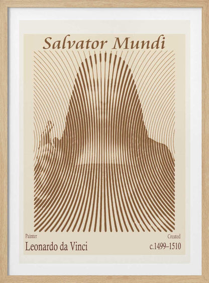 A minimalist poster of Leonardo da Vinci's 'Salvator Mundi', featuring an abstract representation of the figure created with curved brown lines on a cream background. The title is at the top, and the artist's name and creation dates are at the bottom. Decor