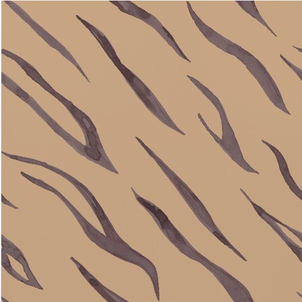 A framed piece of art featuring an abstract pattern of dark, purplish-brown tiger stripes painted in a watercolor style, arranged diagonally on a solid tan background, all enclosed within a light wood frame. Decor