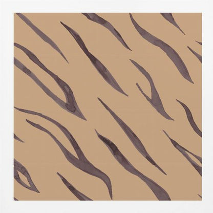 A framed piece of art featuring an abstract pattern of dark, purplish-brown tiger stripes painted in a watercolor style, arranged diagonally on a solid tan background, all enclosed within a light wood frame. Decor