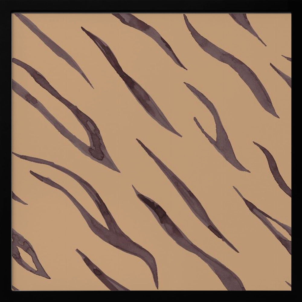 A framed piece of art featuring an abstract pattern of dark, purplish-brown tiger stripes painted in a watercolor style, arranged diagonally on a solid tan background, all enclosed within a light wood frame. Decor