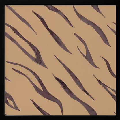 A framed piece of art featuring an abstract pattern of dark, purplish-brown tiger stripes painted in a watercolor style, arranged diagonally on a solid tan background, all enclosed within a light wood frame. Decor