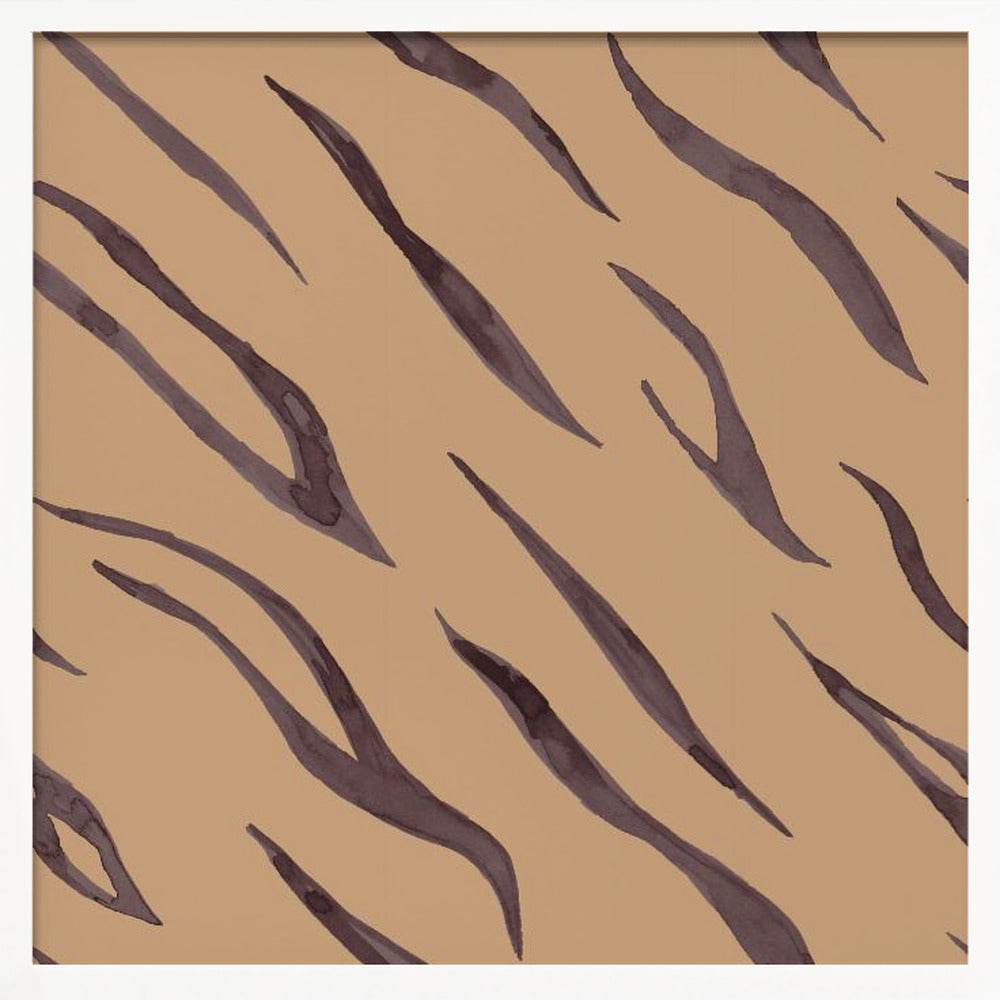 A framed piece of art featuring an abstract pattern of dark, purplish-brown tiger stripes painted in a watercolor style, arranged diagonally on a solid tan background, all enclosed within a light wood frame. Decor