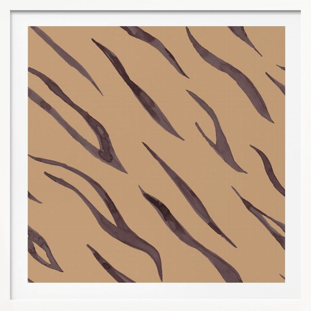 A framed piece of art featuring an abstract pattern of dark, purplish-brown tiger stripes painted in a watercolor style, arranged diagonally on a solid tan background, all enclosed within a light wood frame. Decor