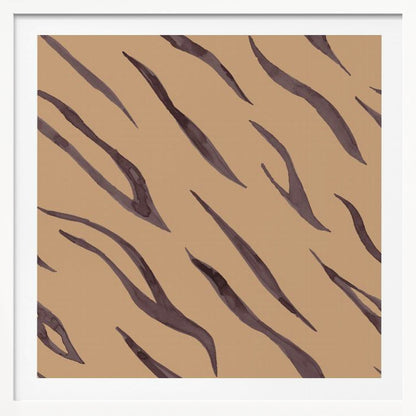 A framed piece of art featuring an abstract pattern of dark, purplish-brown tiger stripes painted in a watercolor style, arranged diagonally on a solid tan background, all enclosed within a light wood frame. Decor