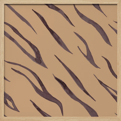 A framed piece of art featuring an abstract pattern of dark, purplish-brown tiger stripes painted in a watercolor style, arranged diagonally on a solid tan background, all enclosed within a light wood frame. Decor