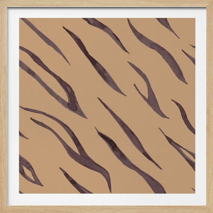 A framed piece of art featuring an abstract pattern of dark, purplish-brown tiger stripes painted in a watercolor style, arranged diagonally on a solid tan background, all enclosed within a light wood frame. Decor