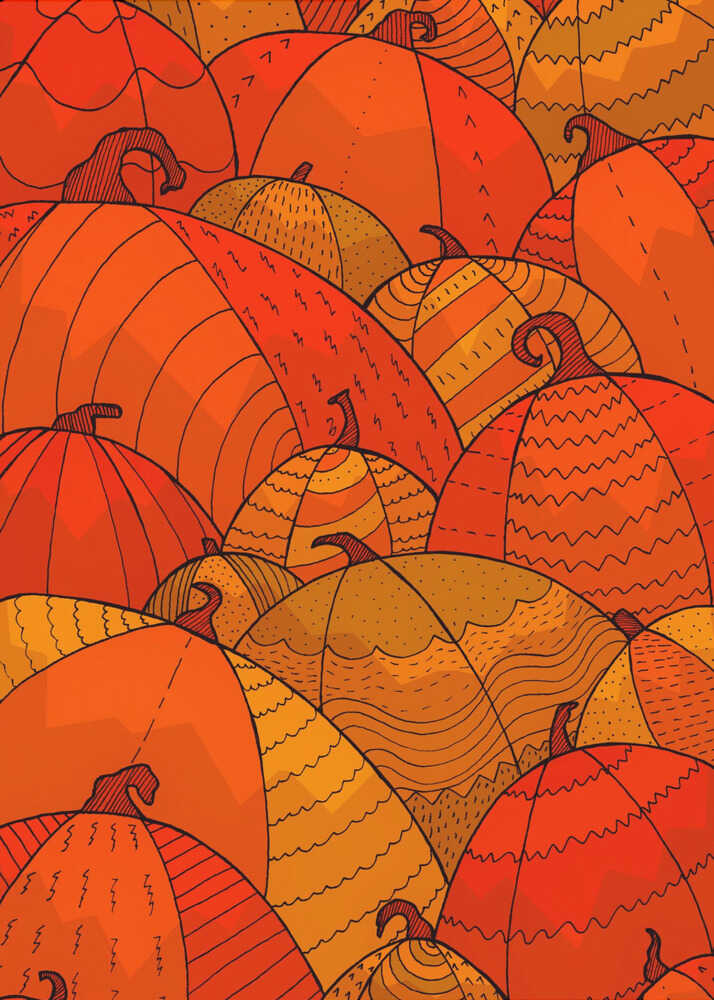 A stylized illustration of a dense patch of overlapping pumpkins. The pumpkins are various shades of orange, red, and yellow, and are decorated with intricate black line patterns, including zig-zags, stripes, and dots, creating a festive, autumnal pattern. Wall Art