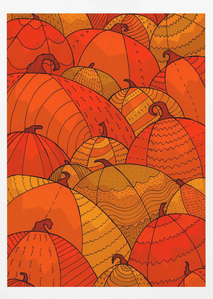 A stylized illustration of a dense patch of overlapping pumpkins. The pumpkins are various shades of orange, red, and yellow, and are decorated with intricate black line patterns, including zig-zags, stripes, and dots, creating a festive, autumnal pattern. Wall Art