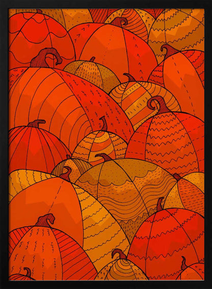 A stylized illustration of a dense patch of overlapping pumpkins. The pumpkins are various shades of orange, red, and yellow, and are decorated with intricate black line patterns, including zig-zags, stripes, and dots, creating a festive, autumnal pattern. Wall Art