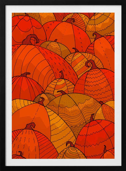 A stylized illustration of a dense patch of overlapping pumpkins. The pumpkins are various shades of orange, red, and yellow, and are decorated with intricate black line patterns, including zig-zags, stripes, and dots, creating a festive, autumnal pattern. Wall Art