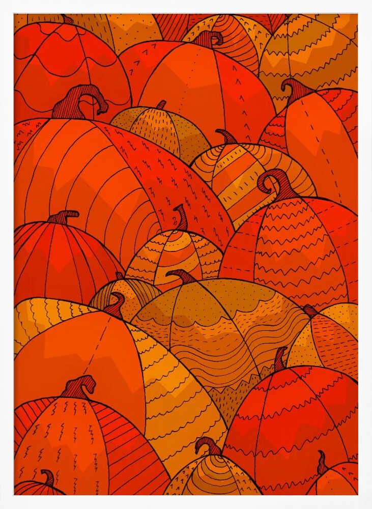 A stylized illustration of a dense patch of overlapping pumpkins. The pumpkins are various shades of orange, red, and yellow, and are decorated with intricate black line patterns, including zig-zags, stripes, and dots, creating a festive, autumnal pattern. Wall Art
