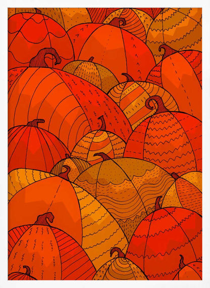 A stylized illustration of a dense patch of overlapping pumpkins. The pumpkins are various shades of orange, red, and yellow, and are decorated with intricate black line patterns, including zig-zags, stripes, and dots, creating a festive, autumnal pattern. Wall Art