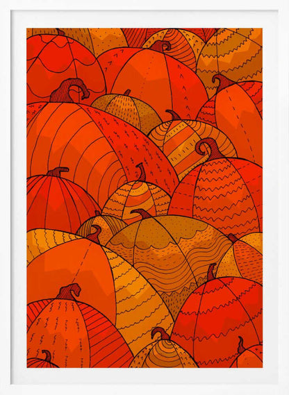 A stylized illustration of a dense patch of overlapping pumpkins. The pumpkins are various shades of orange, red, and yellow, and are decorated with intricate black line patterns, including zig-zags, stripes, and dots, creating a festive, autumnal pattern. Wall Art