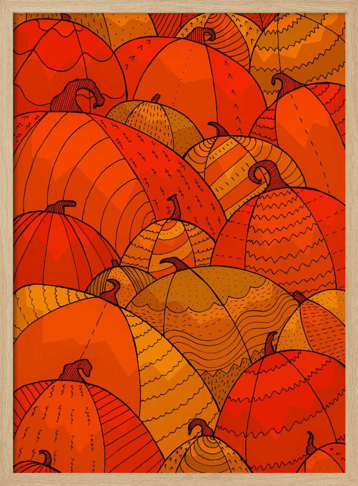 A stylized illustration of a dense patch of overlapping pumpkins. The pumpkins are various shades of orange, red, and yellow, and are decorated with intricate black line patterns, including zig-zags, stripes, and dots, creating a festive, autumnal pattern. Wall Art