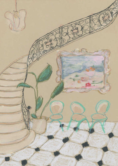 A framed illustration of an elegant interior scene. A curved staircase with an ornate black iron railing dominates the left side. Beside the stairs, a potted plant with large green leaves sits next to a wall with a small, framed painting. Below the painting are three small, mint-green chairs on a black and white checkered tile floor. Wall Art