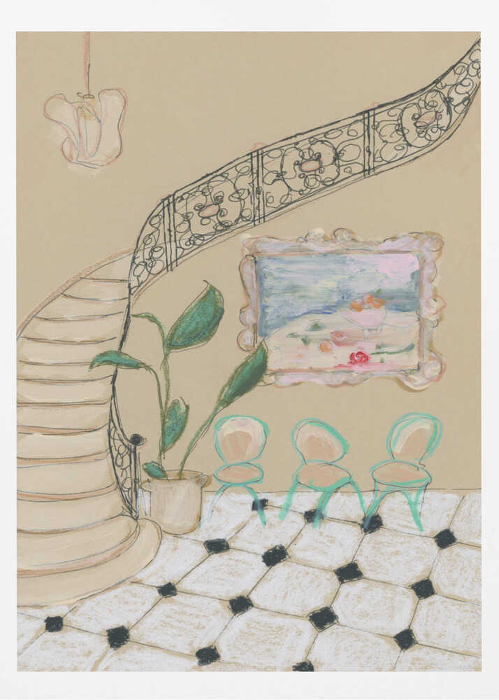 A framed illustration of an elegant interior scene. A curved staircase with an ornate black iron railing dominates the left side. Beside the stairs, a potted plant with large green leaves sits next to a wall with a small, framed painting. Below the painting are three small, mint-green chairs on a black and white checkered tile floor. Wall Art