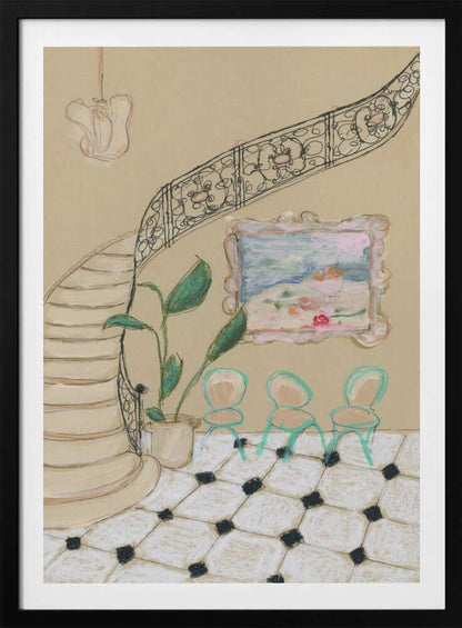 A framed illustration of an elegant interior scene. A curved staircase with an ornate black iron railing dominates the left side. Beside the stairs, a potted plant with large green leaves sits next to a wall with a small, framed painting. Below the painting are three small, mint-green chairs on a black and white checkered tile floor. Wall Art