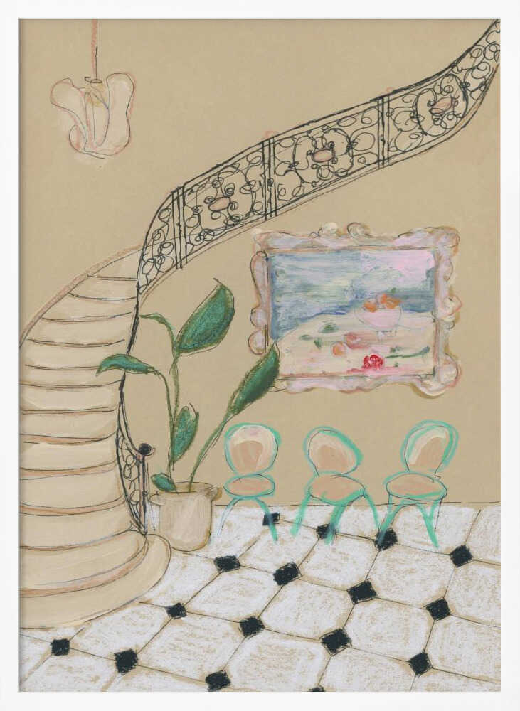 A framed illustration of an elegant interior scene. A curved staircase with an ornate black iron railing dominates the left side. Beside the stairs, a potted plant with large green leaves sits next to a wall with a small, framed painting. Below the painting are three small, mint-green chairs on a black and white checkered tile floor. Wall Art