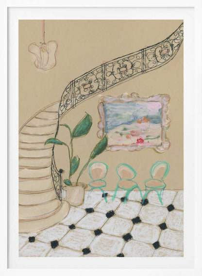A framed illustration of an elegant interior scene. A curved staircase with an ornate black iron railing dominates the left side. Beside the stairs, a potted plant with large green leaves sits next to a wall with a small, framed painting. Below the painting are three small, mint-green chairs on a black and white checkered tile floor. Wall Art