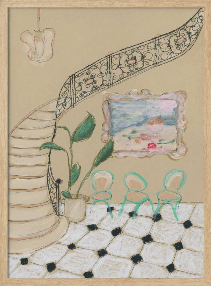 A framed illustration of an elegant interior scene. A curved staircase with an ornate black iron railing dominates the left side. Beside the stairs, a potted plant with large green leaves sits next to a wall with a small, framed painting. Below the painting are three small, mint-green chairs on a black and white checkered tile floor. Wall Art