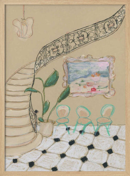 A framed illustration of an elegant interior scene. A curved staircase with an ornate black iron railing dominates the left side. Beside the stairs, a potted plant with large green leaves sits next to a wall with a small, framed painting. Below the painting are three small, mint-green chairs on a black and white checkered tile floor. Wall Art