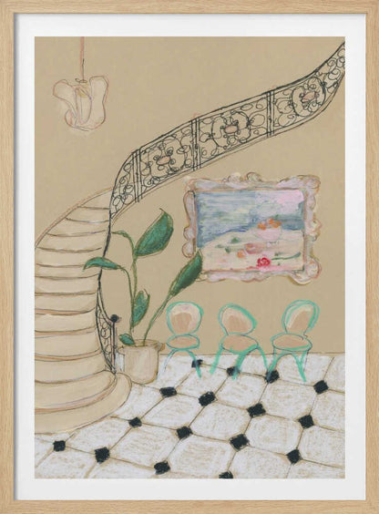 A framed illustration of an elegant interior scene. A curved staircase with an ornate black iron railing dominates the left side. Beside the stairs, a potted plant with large green leaves sits next to a wall with a small, framed painting. Below the painting are three small, mint-green chairs on a black and white checkered tile floor. Wall Art