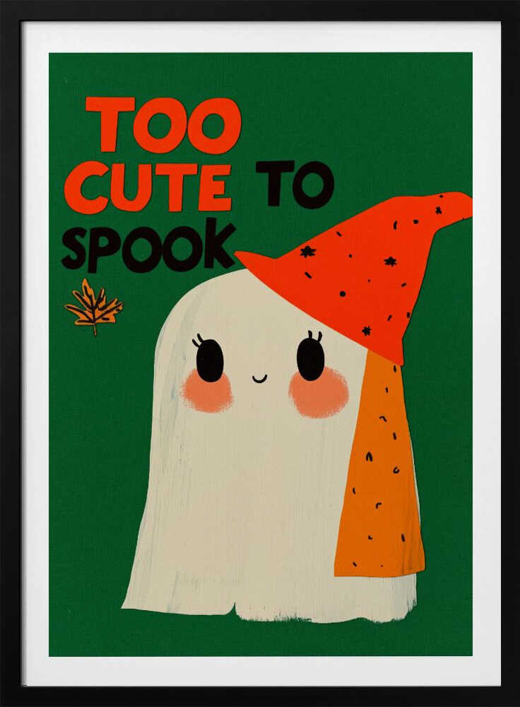 A whimsical illustration of a friendly white ghost with rosy cheeks and a smiling face, wearing a pointy orange hat with black flecks. The background is a solid dark green, and above the ghost, the text 'TOO CUTE TO SPOOK' is written in orange and black block letters, next to a small autumn leaf. Artwork