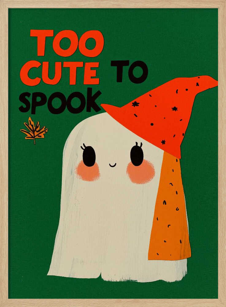 A whimsical illustration of a friendly white ghost with rosy cheeks and a smiling face, wearing a pointy orange hat with black flecks. The background is a solid dark green, and above the ghost, the text 'TOO CUTE TO SPOOK' is written in orange and black block letters, next to a small autumn leaf. Artwork