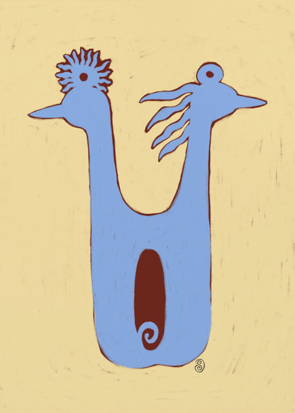A whimsical, folk-art illustration of a two-headed blue creature against a textured pale yellow background. The creature has a U-shaped body with a dark red oval in the center. The two heads face opposite directions, each with a unique crest. The artwork is enclosed in a thin black frame. Poster