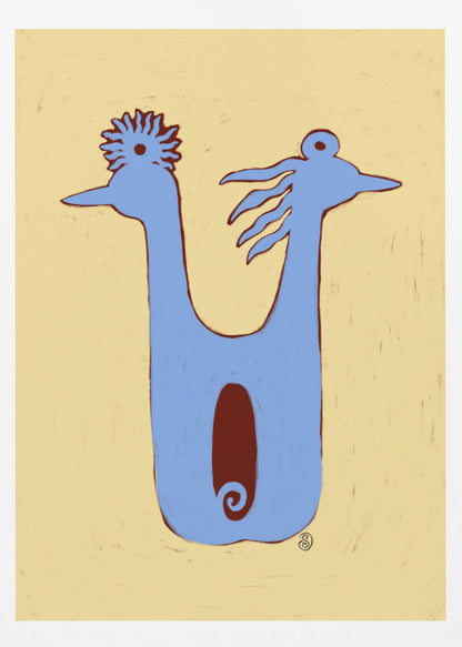 A whimsical, folk-art illustration of a two-headed blue creature against a textured pale yellow background. The creature has a U-shaped body with a dark red oval in the center. The two heads face opposite directions, each with a unique crest. The artwork is enclosed in a thin black frame. Poster