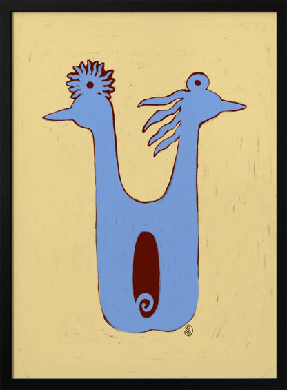 A whimsical, folk-art illustration of a two-headed blue creature against a textured pale yellow background. The creature has a U-shaped body with a dark red oval in the center. The two heads face opposite directions, each with a unique crest. The artwork is enclosed in a thin black frame. Poster
