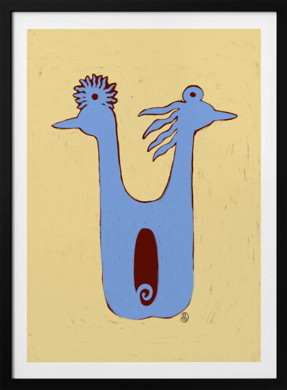 A whimsical, folk-art illustration of a two-headed blue creature against a textured pale yellow background. The creature has a U-shaped body with a dark red oval in the center. The two heads face opposite directions, each with a unique crest. The artwork is enclosed in a thin black frame. Poster