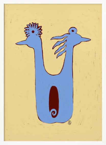 A whimsical, folk-art illustration of a two-headed blue creature against a textured pale yellow background. The creature has a U-shaped body with a dark red oval in the center. The two heads face opposite directions, each with a unique crest. The artwork is enclosed in a thin black frame. Poster