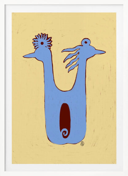 A whimsical, folk-art illustration of a two-headed blue creature against a textured pale yellow background. The creature has a U-shaped body with a dark red oval in the center. The two heads face opposite directions, each with a unique crest. The artwork is enclosed in a thin black frame. Poster