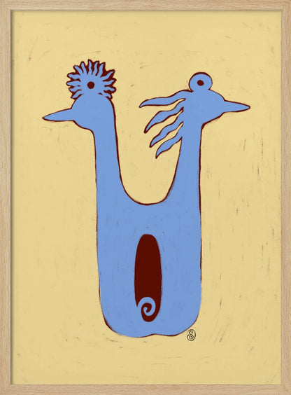 A whimsical, folk-art illustration of a two-headed blue creature against a textured pale yellow background. The creature has a U-shaped body with a dark red oval in the center. The two heads face opposite directions, each with a unique crest. The artwork is enclosed in a thin black frame. Poster