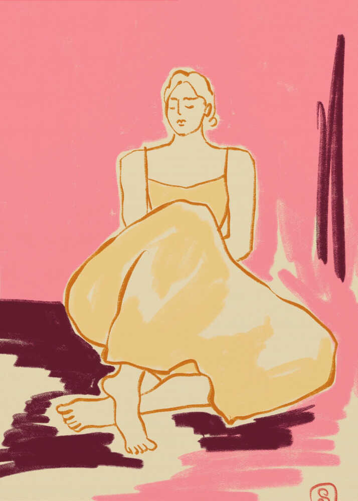A minimalist illustration of a woman sitting on the floor with her eyes closed. She is wearing a yellow dress, and the background is a bright pink with patches of dark red and cream on the floor, rendered in a painterly style. Artwork
