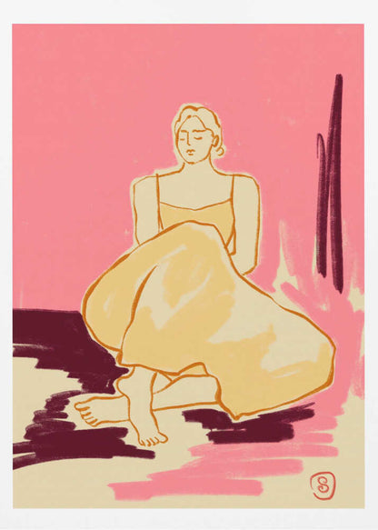 A minimalist illustration of a woman sitting on the floor with her eyes closed. She is wearing a yellow dress, and the background is a bright pink with patches of dark red and cream on the floor, rendered in a painterly style. Artwork
