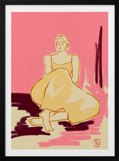A minimalist illustration of a woman sitting on the floor with her eyes closed. She is wearing a yellow dress, and the background is a bright pink with patches of dark red and cream on the floor, rendered in a painterly style. Artwork