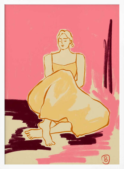 A minimalist illustration of a woman sitting on the floor with her eyes closed. She is wearing a yellow dress, and the background is a bright pink with patches of dark red and cream on the floor, rendered in a painterly style. Artwork