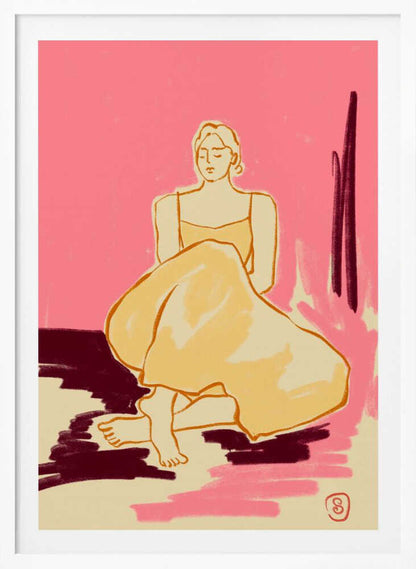 A minimalist illustration of a woman sitting on the floor with her eyes closed. She is wearing a yellow dress, and the background is a bright pink with patches of dark red and cream on the floor, rendered in a painterly style. Artwork