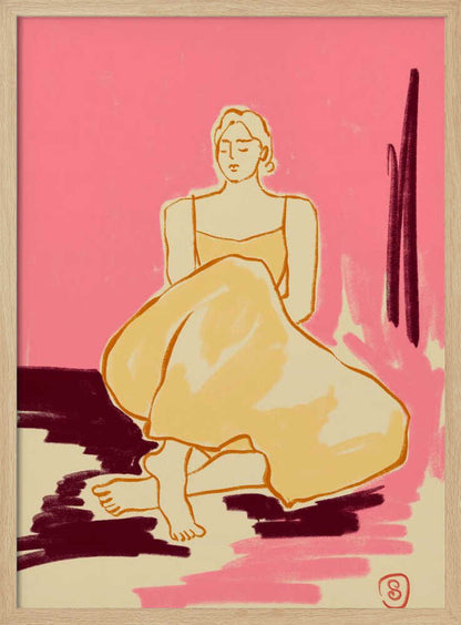 A minimalist illustration of a woman sitting on the floor with her eyes closed. She is wearing a yellow dress, and the background is a bright pink with patches of dark red and cream on the floor, rendered in a painterly style. Artwork
