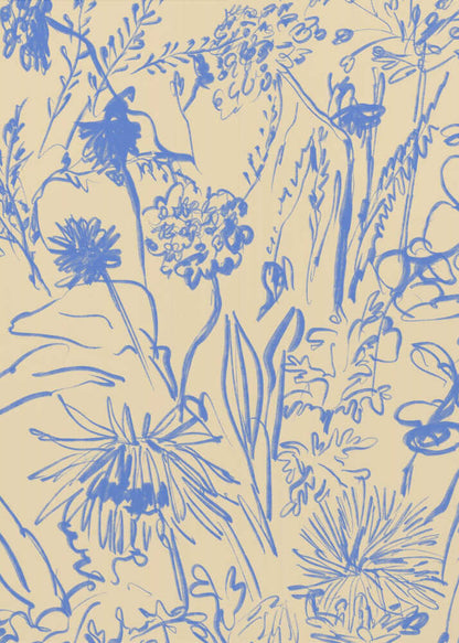 An expressive blue line drawing of various wildflowers and foliage on a beige background, enclosed in a simple black frame. The style is loose and sketchy, creating a dense and vibrant botanical composition. Decor
