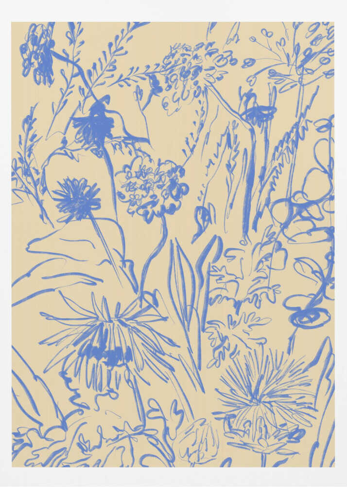 An expressive blue line drawing of various wildflowers and foliage on a beige background, enclosed in a simple black frame. The style is loose and sketchy, creating a dense and vibrant botanical composition. Decor