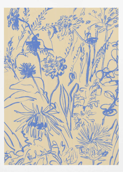 An expressive blue line drawing of various wildflowers and foliage on a beige background, enclosed in a simple black frame. The style is loose and sketchy, creating a dense and vibrant botanical composition. Decor
