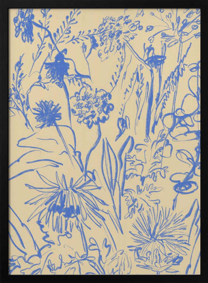 An expressive blue line drawing of various wildflowers and foliage on a beige background, enclosed in a simple black frame. The style is loose and sketchy, creating a dense and vibrant botanical composition. Decor