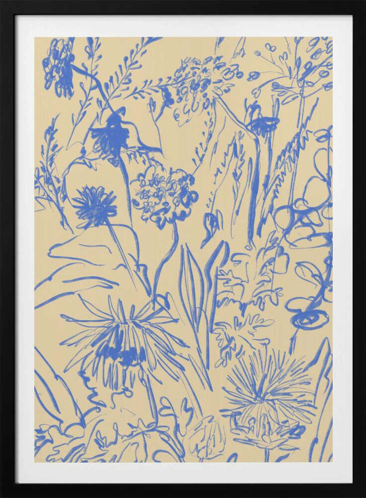 An expressive blue line drawing of various wildflowers and foliage on a beige background, enclosed in a simple black frame. The style is loose and sketchy, creating a dense and vibrant botanical composition. Decor