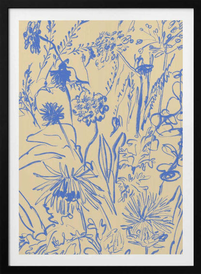 An expressive blue line drawing of various wildflowers and foliage on a beige background, enclosed in a simple black frame. The style is loose and sketchy, creating a dense and vibrant botanical composition. Decor