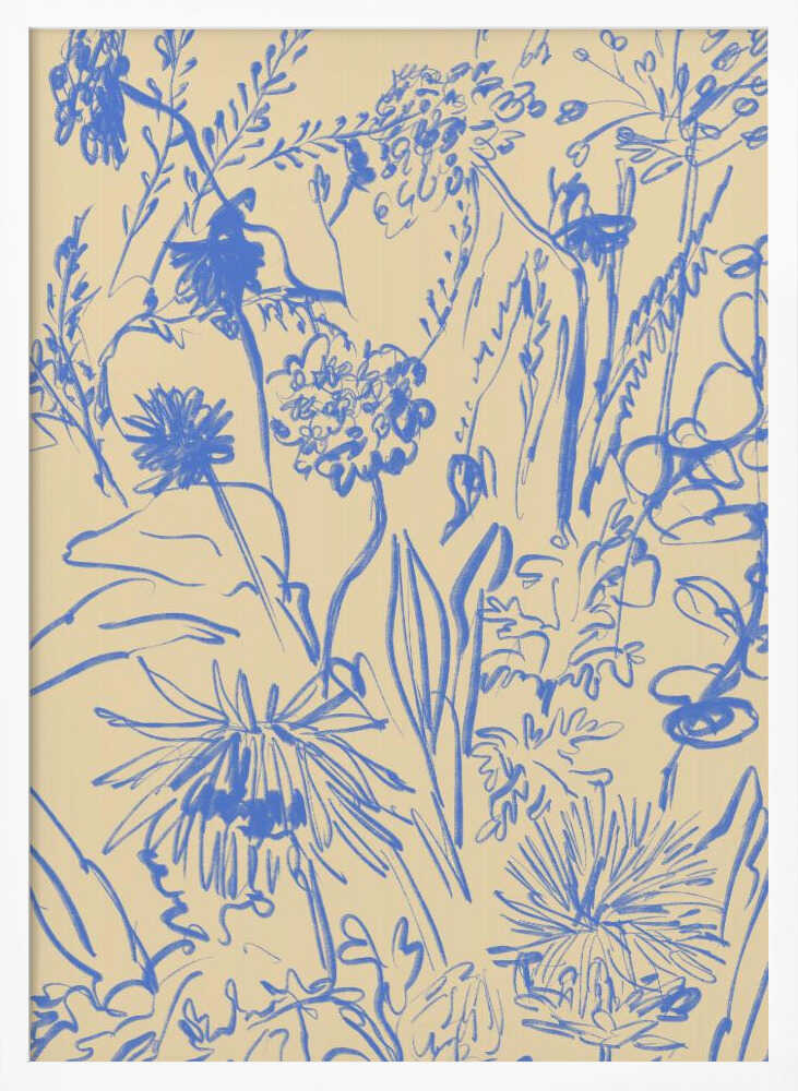 An expressive blue line drawing of various wildflowers and foliage on a beige background, enclosed in a simple black frame. The style is loose and sketchy, creating a dense and vibrant botanical composition. Decor